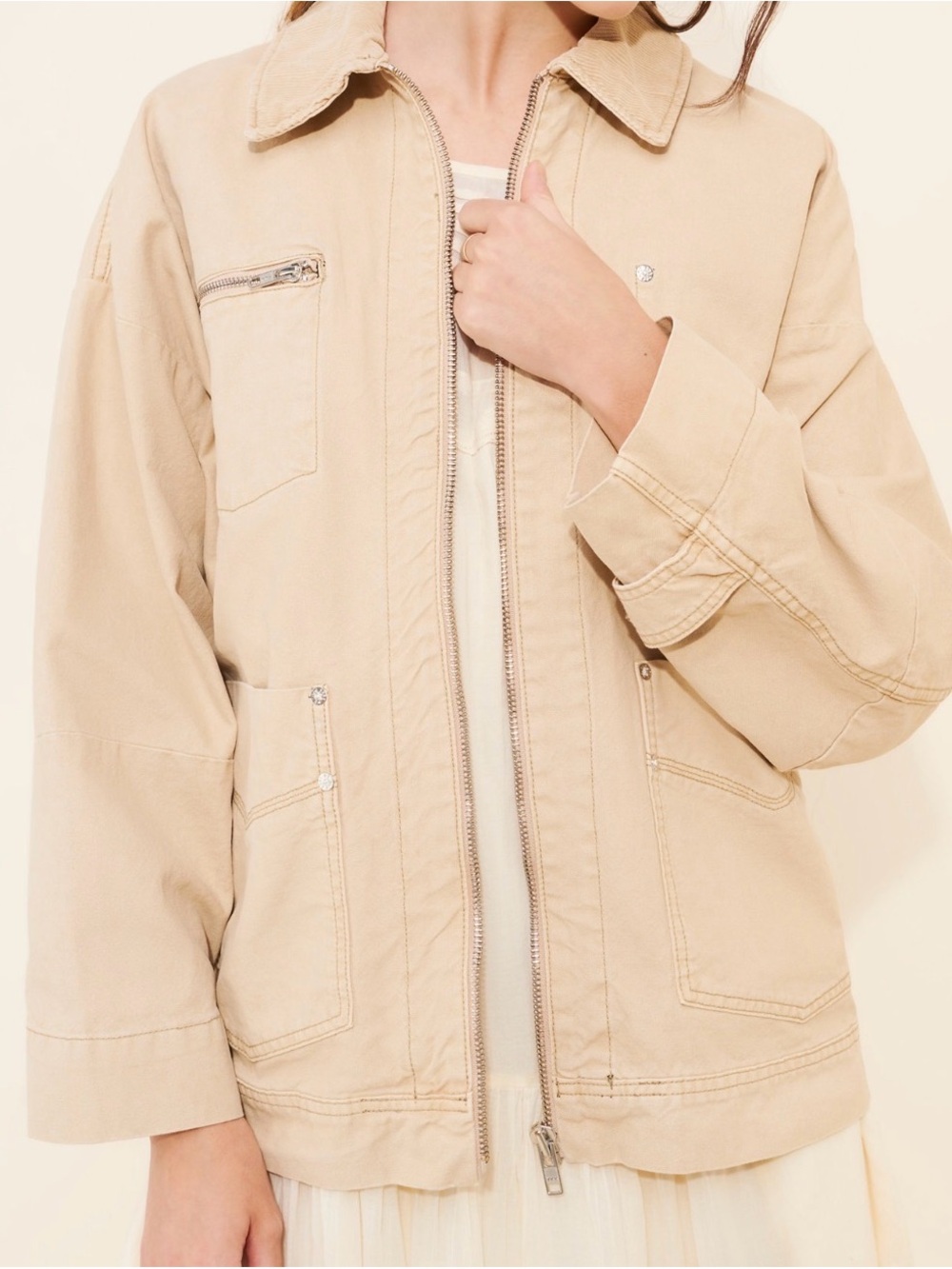 Free People We The Free Easy That Beige Utility Jacket with Front Zip